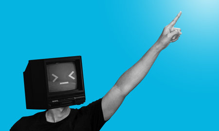 Man with tv screen head representing AI robot pointing finger upwards. Monitor with emoticon face....