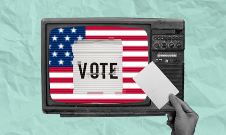 Voting announcement on vintage TV, American flag on background. Hand holding vote ballot. Symbolic...