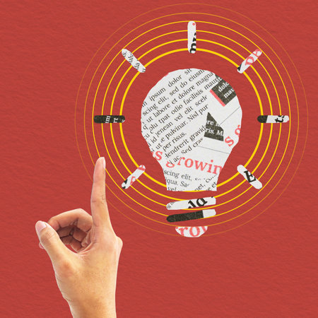 Finger pointing up hand gesture with lightbulb-shaped cutout newspaper collage, symbol of having great idea, creativity and innovation.の写真素材