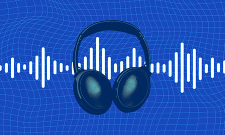 Headphone isolated on blue abstract grid background with soundwave illustration, listening to music conceptの写真素材