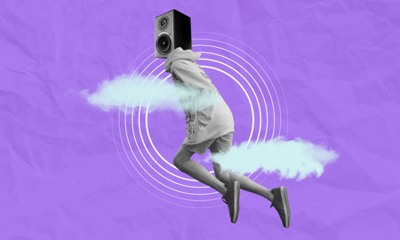 Music cloud streaming service collage concept. Person with speaker for head floating in clouds, isolated on purple crumpled paper background.の写真素材