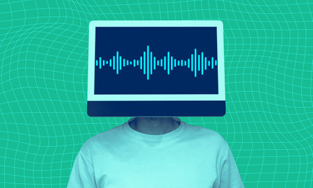 AI voice recognition technology concept collage art. Man with monitor head with screen showing soundwaves audio equalizer. Surreal technology concept artの写真素材