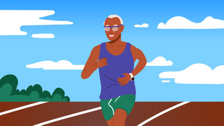 Elderly man running on outdoor track field. Grampa doing cardio for healthy lifestyle in the morning. Flat cartoon character illustration.のイラスト素材