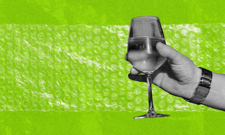 Hand holding a glass of wine raising for a toast collage art with vintage style. Isolated object with plastic texture and modern retro vibes.の写真素材