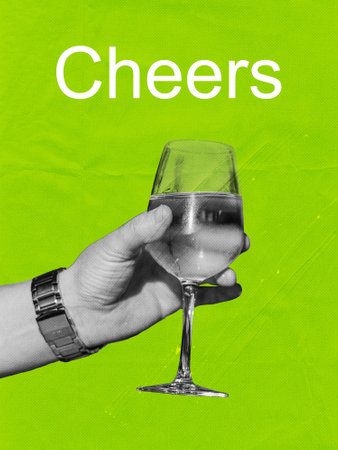Cheers, hand raising glass of wine poster. Simple graphic design in lime green background.の写真素材