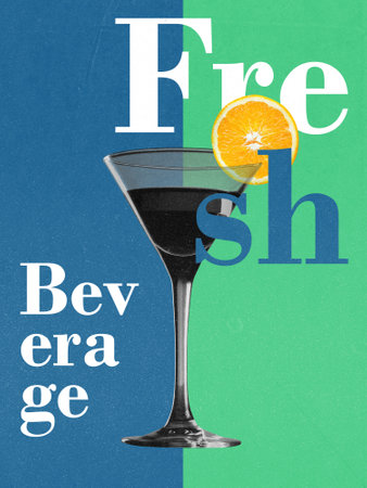 Fresh cocktail beverage invitation poster for social media feeds and ads. Retro design with vintage aesthetic.の写真素材