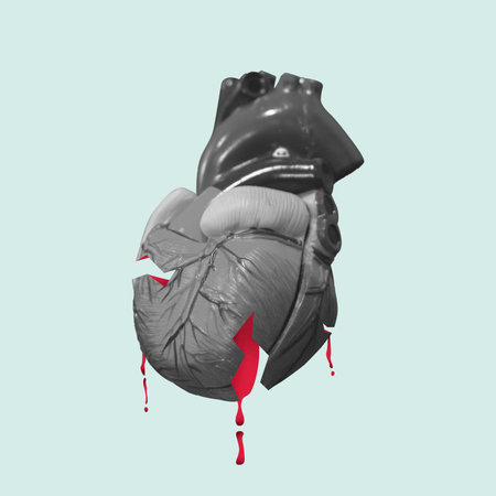 Bleeding heart, heartache and broken heart symbol isolated. Black and white collage illustration.の写真素材