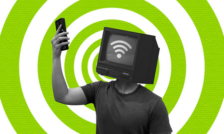 Person with tv monitor searching for signal, internet connection collage concept. Abstract spiral green background.の写真素材