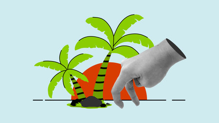Surreal hand walking on the beach during sunset pop art illustration. Cropped human hand surrounded with palm trees, tropical vibes. Travel collage concept.のイラスト素材