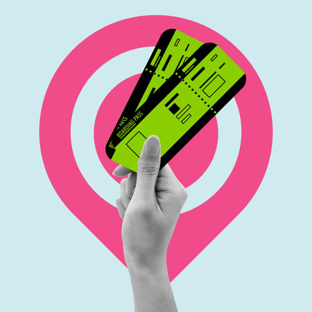 Hand holding boarding pass, airplane tickets. Holiday travel during vacation pop art illustration. Realistic collage vector.のイラスト素材