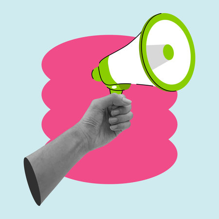 Hand holding megaphone pop art illustration. Digital marketing symbol. Demonstration and protest concept. Realistic vector.のイラスト素材