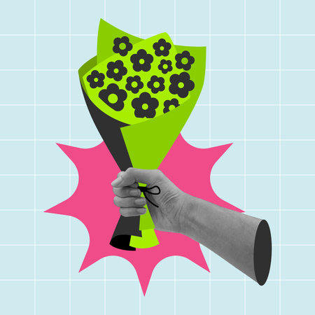 Hand holding flower bouquet pop art. Romance and love concept. Flat vector illustration.のイラスト素材