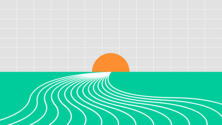 Contemporary minimalist sunset illustration with geometric design and line art. Simple vector flat art for background and backdropのイラスト素材