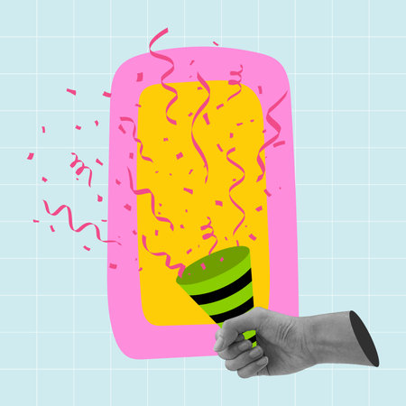 Hand popping confetti, celebrating festive event. New year celebration, birthday party pop art. Flat vector art illustration.のイラスト素材