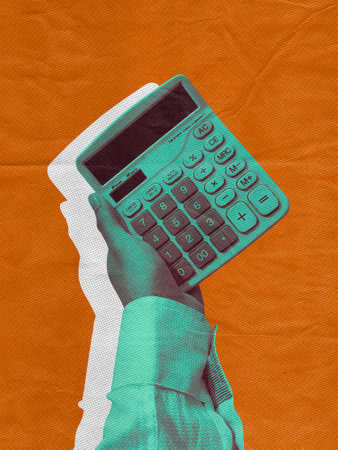 Hand holding calculator, finance and economy collage concept. Professional accountant job in pop art styleの写真素材