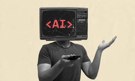 Artificial intelligence pretending to be a person. Advance technology concept, person with monitor head with words AI on it. Flat collage illustrationの写真素材
