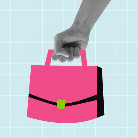 Hand holding pink bag pop art vector illustration. Worker and business man briefcase.のイラスト素材