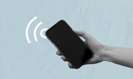 Hand holding phone with signal icon, searching for internet wifi connection. Digital electromagnetic wave. Technology collage conceptの写真素材