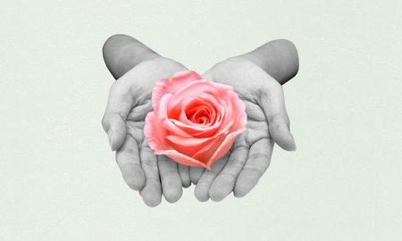 Human hand holding pink rose. Symbol of beauty and growth. Serene and peaceful collage conceptの写真素材
