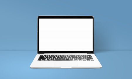 Realistic laptop monitor front view mockup with empty white screen isolated on blue background. Template for presentation, pitch deck, portfolio, and web banner.の写真素材