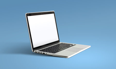 Realistic laptop side view mockup with empty white screen isolated on blue background. Template for presentation, pitch deck, portfolio, and web banner.の写真素材