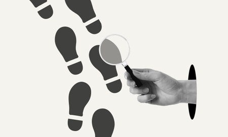 Tracking digital footprint collage concept. Hand holding magnifying glass, zooming into shoeprint...