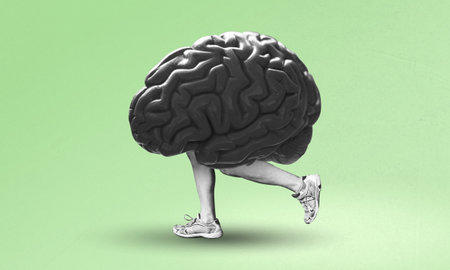 Brain with leg running, symbol of healthy mind and psychology. Cognitive agility, mental fitness concept. Surreal collage art concept isolated on green background.の写真素材