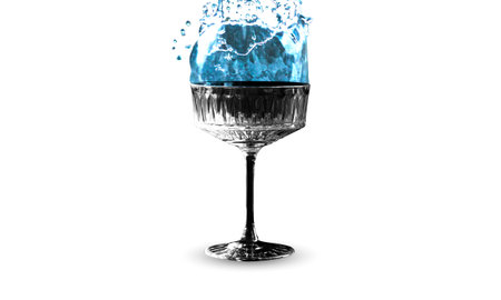 wine glass with splashing blue water isolated on white background. Liquid substance overflowing from cupの写真素材