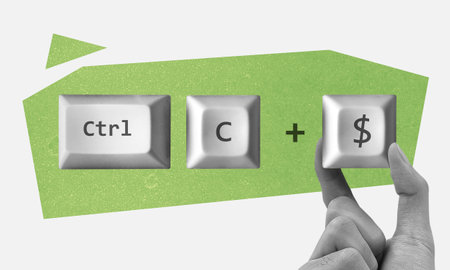 Imaginary keyboard shortcut to copy and paste. Ctrl C command added and hand holding dollar sign...