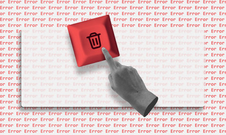 Hand pressing red keyboard button with trash can icon, error message on the background. Conceptual symbol for system malfunctionの写真素材