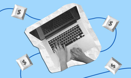 Working to earn money concept. Collage illustration of hand interacting with laptop, surrounded with...