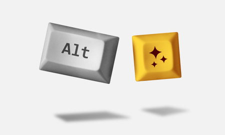 Floating imaginary keyboard keys shortcut for Artificial intelligence generating content. Alt button and sparkle icon. Minimal 3D style isolated on plain white backgroundの写真素材