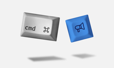Floating imaginary keyboard keys shortcut for marketing and promotion. Command button and megaphone icon. Minimal 3D style isolated on plain white backgroundの写真素材