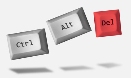 Floating keyboard keys ctrl alt del shortcut to open task manager. Minimal 3D style isolated on plain white backgroundの写真素材