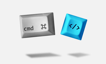 Floating imaginary keyboard keys shortcut for coding. Command button and bracket key icon. Minimal 3D style isolated on plain white backgroundの写真素材