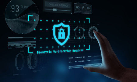 Hand reaching towards futuristic biometric security verification screen interface. Modern AI...