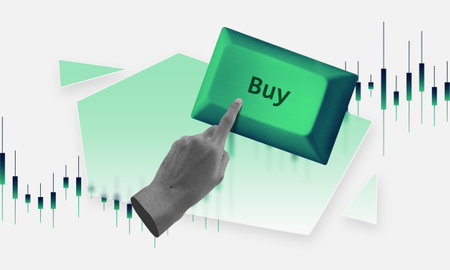 Hand pressing large green by button, candlestick stock charts backdrop. Symbol of buying stocks, market confidence, and trading decisions. Bullish cryptocurrency trend conceptの写真素材