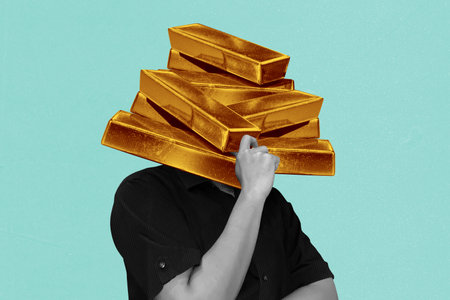 Surreal collage of a person with stacked gold bars as a head, symbolizing wealth, investment, and financial obsession.の写真素材