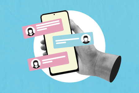 Hand holding smartphone with floating chat bubbles. Symbolizes messaging, online conversation, social interaction, communication app. Collage pop art isolated on blue background.の写真素材