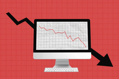 Diagram showing market price crashing on computer screen with arrow pointing down. Stock price dropping collage concept isolated on red backgroundの写真素材