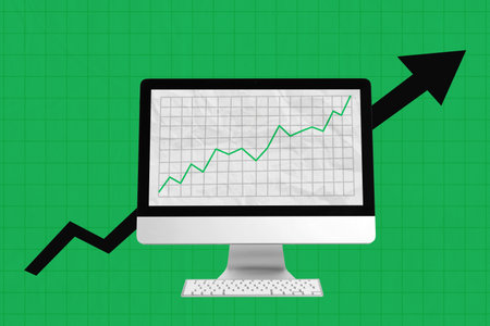 Diagram showing stock market price increase on computer screen with arrow pointing up. Bullish trend collage concept isolated on green backgroundの写真素材