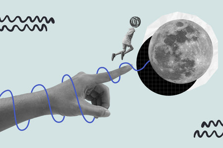Surreal Collage of person jumping from a pointing hand toward the moon, with abstract squiggles and a blue wave line symbolizing imagination, ambition, and creativity.の写真素材
