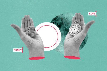 Hand holding stacks of coin and stopwatch, time is money concept. Choosing to spend resource for business. Abstract pop art illustration isolated on green background.の写真素材