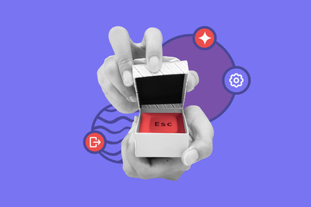 Hand opening gift box containing keyboard escape button. Panic button concept. Exit strategy from bad situation and toxic relationshipの写真素材