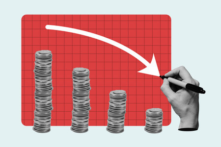 Decrease in investment concept. Coin stack grows smaller and hand drawing white arrow pointing down, symbol of loss. Bearish stock and cryptocurrency tradingの写真素材