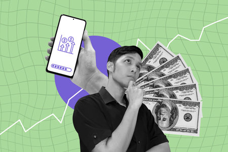 Young man thinking about financial plaining using digital technology. Modern ways to earn money. Trading app on smartphone, dollar spread on the background. Abstract collage imageの写真素材