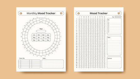 Mood tracker wheel diagram and notes template. Self-assessment journal for wellbeing and mental health. Minimalistic modern vector design isolated on orange backgroundのイラスト素材