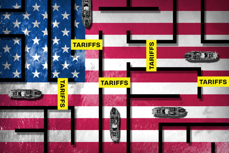 Collage of cargo ships navigating a maze with tariff barriers overlaid on the US flag, symbolizing trade complexities and protectionist policies. Global economic crisisの写真素材