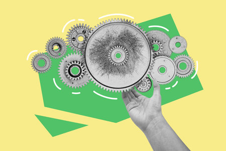 Hand holding mechanical gears surreal collage. Symbol of innovation, motion, and creative problem-solving on a colorful abstract background.の写真素材