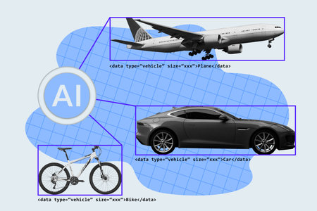 Artificial intelligence labeling different types of vehicle using dataset. Plane, car, and bicycle transportation. Machine learning using data annotation to identify objectsの写真素材